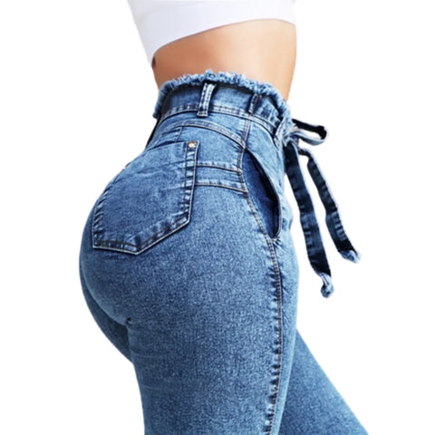 Belted High Waist Skinny Jeans Women Loose Stretch Denim Long Pants Skinny Jeans Women Stretch Denim Long Pants