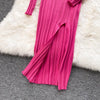 Women Korean Knitted Dress Long Sleeve V Neck Elastic Slim Pencil Dresses Autumn Sexy Bodycon Split Sweater Dress
