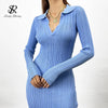Women Korean Knitted Dress Long Sleeve V Neck Elastic Slim Pencil Dresses Autumn Sexy Bodycon Split Sweater Dress