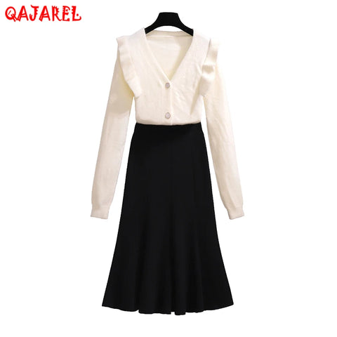 Autumn Winter Knit 2 Piece Set Women Office Lady Single Breasted Sweater Cardigan+Pleated Long Skirt Suit Sets
