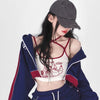 Hikigawa Chic  Autumn Y2k Sports Suit Sexy Cartoon Cat Print Camisole Tank Top+Zipper Short Coat+Drawstring Mini Skirt