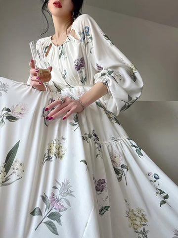 Holiday Midi Dresses for Women 2023 Summer French Print O Neck Lantern Sleeve Female Clothes Elegant Loose Vintage Dress
