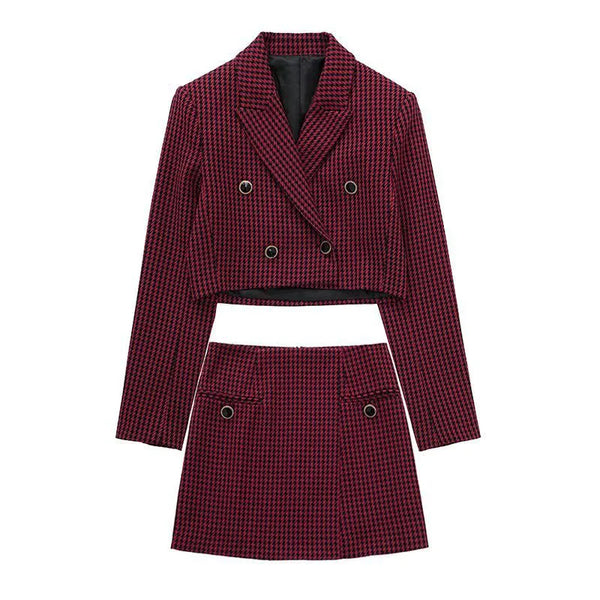 Houndstooth Chic Office Lady Sets Of Women 2 Pieces Elegant Women's Double Breasted Long Sleeve Slim Blazer Suits Short Skirt