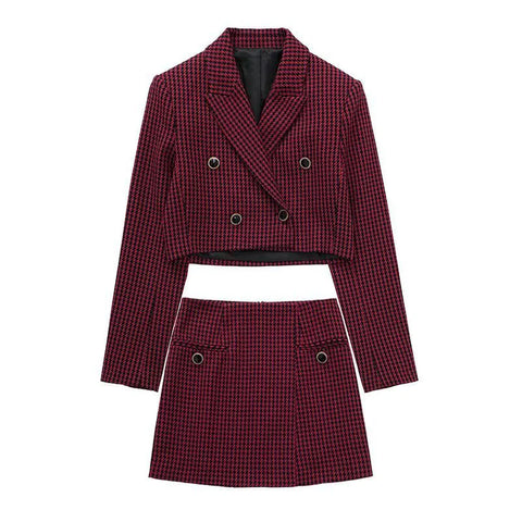 Houndstooth Chic Office Lady Sets Of Women 2 Pieces Elegant Women's Double Breasted Long Sleeve Slim Blazer Suits Short Skirt
