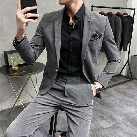 (Jacket+Pants)  Boutique  Mens Plaid Casual Business Suit High-end Social Formal Suit 2 Pcs Set Groom Wedding