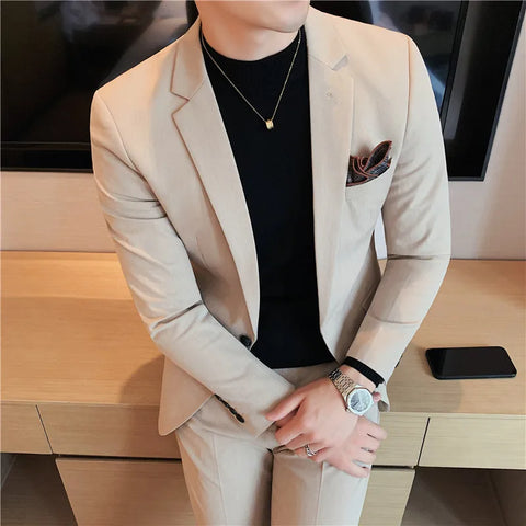(Jacket+Pants)  Suits   Men  Low Price Business Wedding Groom Pure Color Blazers Trousers 2 Pcs Set