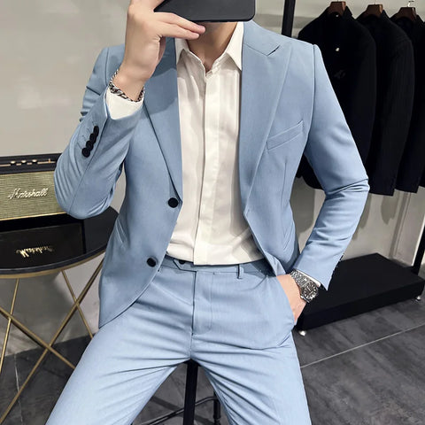 (Jacket+Pants)  Men Formal Wear Solid Color Suits Slim Fit Business Casual Suits Two Pieces Groom Dress TuxedoTrousers 5XL