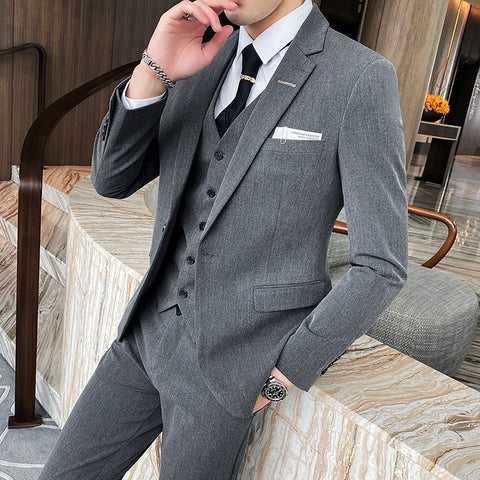 [Jacket+Vest+Pants]  Fashionable Men's Slim Suit/Men's High-end Pure Cotton Groom's Wedding Dress 3 Pieces M-4XL