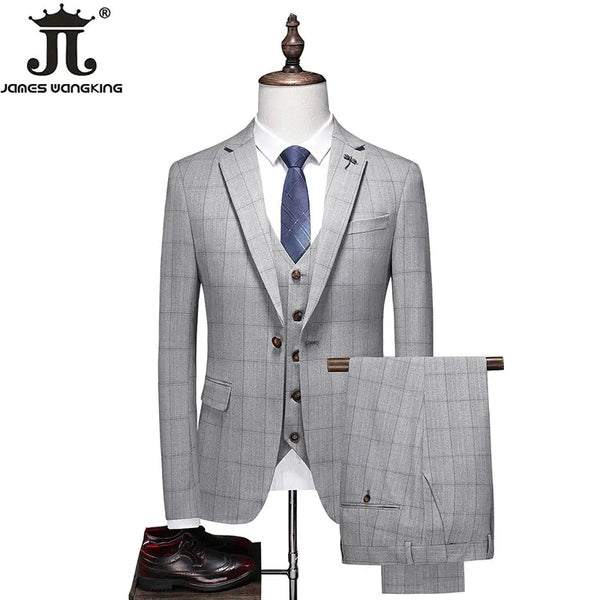 ( Jacket + Vest + Pants )    Boutique Plaid Mens Casual Business Suit Groom Wedding Dress Formal Slim Plaid Suit