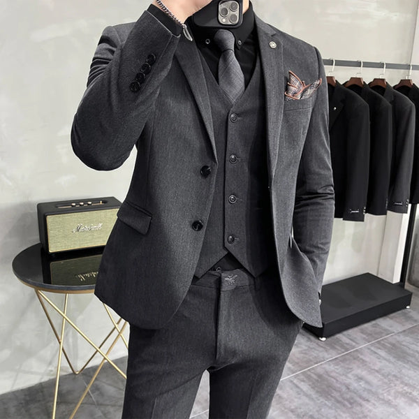 （Jacket+vest+pants）Men Korean Solid Slim Custom Groom  Man Business Casual Tuxedo Casual Wedding Social Formal Dress 3-pcs