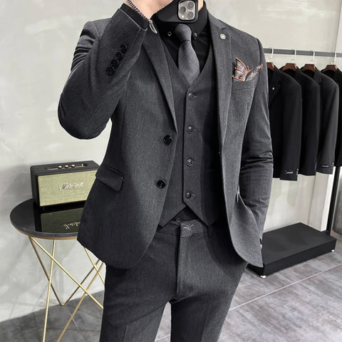 （Jacket+vest+pants）Men Korean Solid Slim Custom Groom  Man Business Casual Tuxedo Casual Wedding Social Formal Dress 3-pcs
