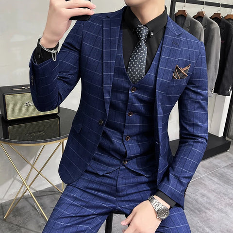 (Jackets +Pants+Vest)   Men Groom Wedding Tuxedo  Plaid Business Suits  Casual Business Suit Three-piece
