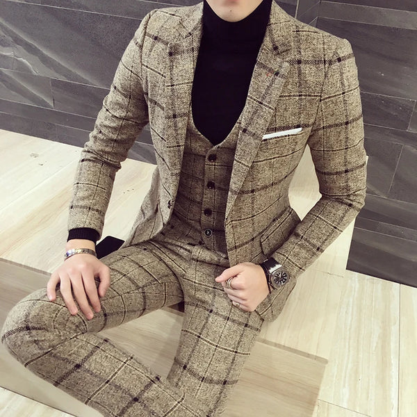 (Jackets+Vest+Pants)  Men plaid business Blazers/Male slim fit pure cotton three-piece suit/Man plaid groom dress M-5XL