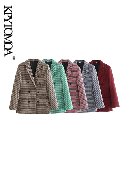 KPYTOMOA Women  Office Wear Double Breasted Check Blazers Coat Vintage Long Sleeve Pockets Female Outerwear Chic Tops