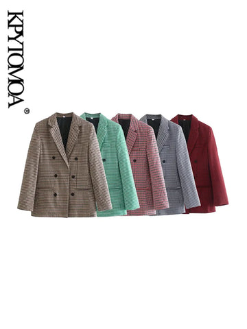 KPYTOMOA Women  Office Wear Double Breasted Check Blazers Coat Vintage Long Sleeve Pockets Female Outerwear Chic Tops