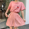 Kawaii Cartoon Print Y2k Short Sleeve T-shirts Summer Harajuku High Waist Plaid Pleated Skirts Korean  Ulzzang Skirt Sets
