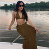 Knitted Solid Backless Slim Fitting Two Piece Set for Women Summer Sexy Halter Lace Up Bra High Waist Hollow Out Skirt Partywear