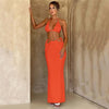 Knitted Solid Backless Slim Fitting Two Piece Set for Women Summer Sexy Halter Lace Up Bra High Waist Hollow Out Skirt Partywear