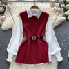 LKF Light   Ladies Dress Set Women's Loose Long-sleeved White Shirt Top + Slit Knitted Vest Vest Two-piece Set