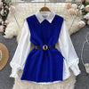 LKF Light   Ladies Dress Set Women's Loose Long-sleeved White Shirt Top + Slit Knitted Vest Vest Two-piece Set