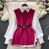 LKF Light   Ladies Dress Set Women's Loose Long-sleeved White Shirt Top + Slit Knitted Vest Vest Two-piece Set