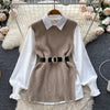 LKF Light   Ladies Dress Set Women's Loose Long-sleeved White Shirt Top + Slit Knitted Vest Vest Two-piece Set