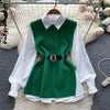 LKF Light   Ladies Dress Set Women's Loose Long-sleeved White Shirt Top + Slit Knitted Vest Vest Two-piece Set