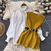LKF Light   Ladies Dress Set Women's Loose Long-sleeved White Shirt Top + Slit Knitted Vest Vest Two-piece Set