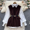 LKF Light   Ladies Dress Set Women's Loose Long-sleeved White Shirt Top + Slit Knitted Vest Vest Two-piece Set