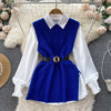 LKF Light   Ladies Dress Set Women's Loose Long-sleeved White Shirt Top + Slit Knitted Vest Vest Two-piece Set