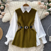LKF Light   Ladies Dress Set Women's Loose Long-sleeved White Shirt Top + Slit Knitted Vest Vest Two-piece Set