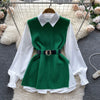 LKF Light   Ladies Dress Set Women's Loose Long-sleeved White Shirt Top + Slit Knitted Vest Vest Two-piece Set