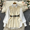 LKF Light   Ladies Dress Set Women's Loose Long-sleeved White Shirt Top + Slit Knitted Vest Vest Two-piece Set