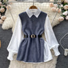 LKF Light   Ladies Dress Set Women's Loose Long-sleeved White Shirt Top + Slit Knitted Vest Vest Two-piece Set
