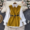 LKF Light   Ladies Dress Set Women's Loose Long-sleeved White Shirt Top + Slit Knitted Vest Vest Two-piece Set