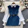 LKF Light   Ladies Dress Set Women's Loose Long-sleeved White Shirt Top + Slit Knitted Vest Vest Two-piece Set