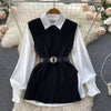 LKF Light   Ladies Dress Set Women's Loose Long-sleeved White Shirt Top + Slit Knitted Vest Vest Two-piece Set