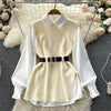 LKF Light   Ladies Dress Set Women's Loose Long-sleeved White Shirt Top + Slit Knitted Vest Vest Two-piece Set