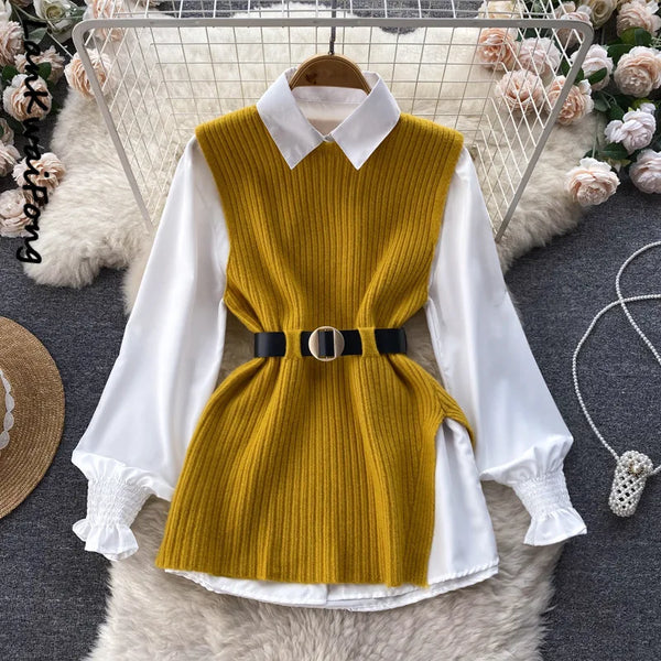 LKF Light   Ladies Dress Set Women's Loose Long-sleeved White Shirt Top + Slit Knitted Vest Vest Two-piece Set