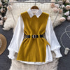 LKF Light   Ladies Dress Set Women's Loose Long-sleeved White Shirt Top + Slit Knitted Vest Vest Two-piece Set