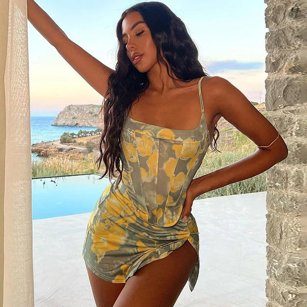 Ladies 2 Piece Set Outfits Printed Sexy Short Skirt Slim Vest Tops  High Elastic Fishbone Bandage Beach Skirt Suit 607