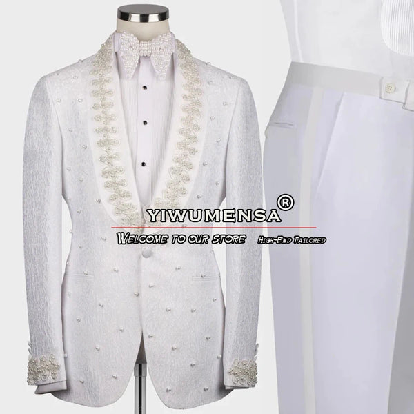 Boyfriend Suits White Floral Blazer Men's 3 Pieces Beaded Lapel Jacket Vest Pants Groom Wear Wedding Tuxedo Prom Dress