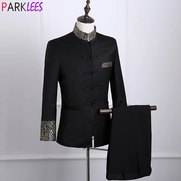 Gold Floral Embroidery Dress Suit Men Stand Collar Chinese Style Suits with Pants Mens Wedding Groom Dinner Tuxedo Suit