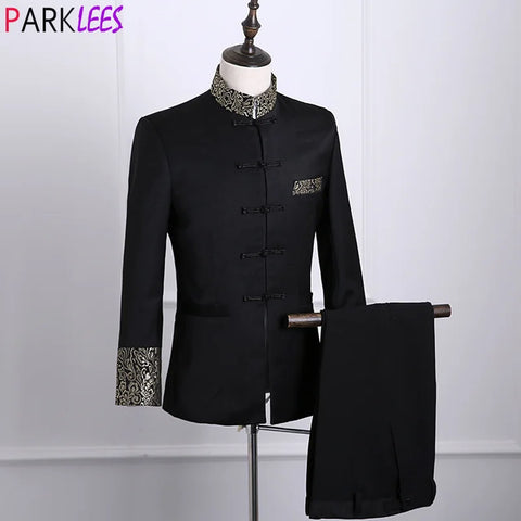 Gold Floral Embroidery Dress Suit Men Stand Collar Chinese Style Suits with Pants Mens Wedding Groom Dinner Tuxedo Suit
