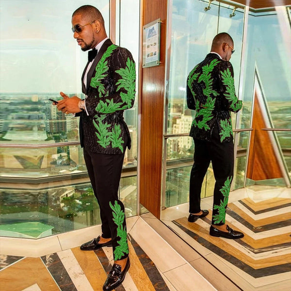 Men's High-quality Sequins Floral 2 Pieces Set Suits Shiny Singer Performance Wedding Groom Prom Tuxedos (Blazer + Trousers)