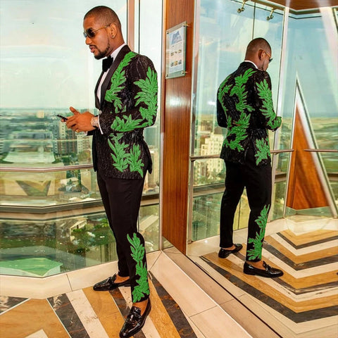 Men's High-quality Sequins Floral 2 Pieces Set Suits Shiny Singer Performance Wedding Groom Prom Tuxedos (Blazer + Trousers)