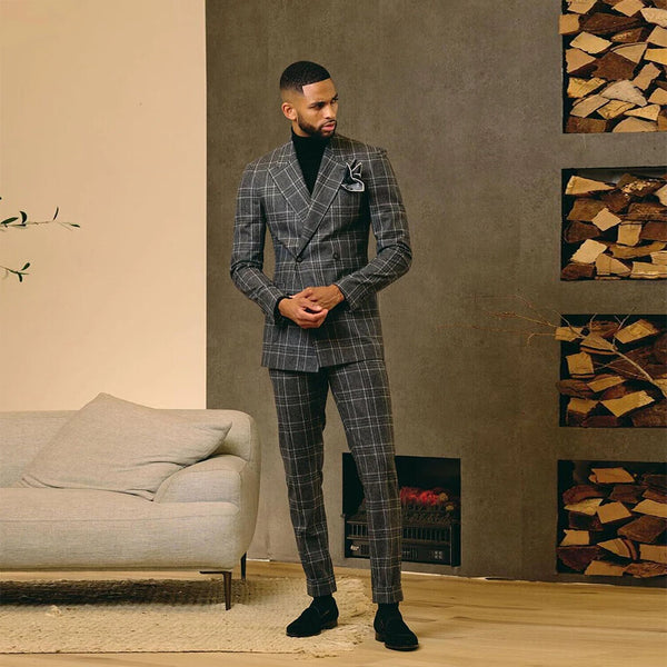 Men's Suits Slim Fit Business Party Plaid Blazer Sets Double Breasted Coat Pants Design Latest Groom Tuxedo Tailored Made 2 Pcs