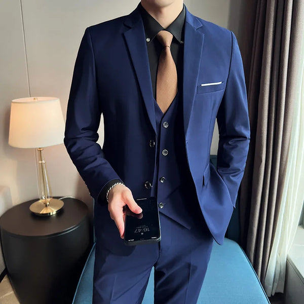 Men (suit + vest + trousers)   trend slim-fit business casual solid color British party wedding dress three-piece set