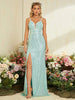 Women's Halter V-Neck Striped Sequin High Slit Fishtail Dress