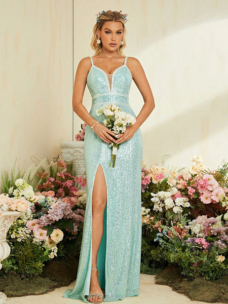 Women's Halter V-Neck Striped Sequin High Slit Fishtail Dress